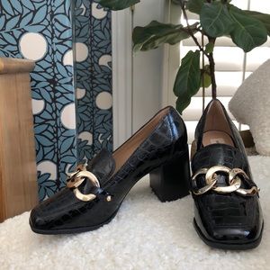 Antonio Melani gold buckle block heel loafers Size 7